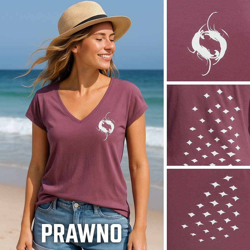 PRAWNO,RARE Ocean Life Graphic-Tee,Plum Stingray Back/Prawn Front Print, Size L